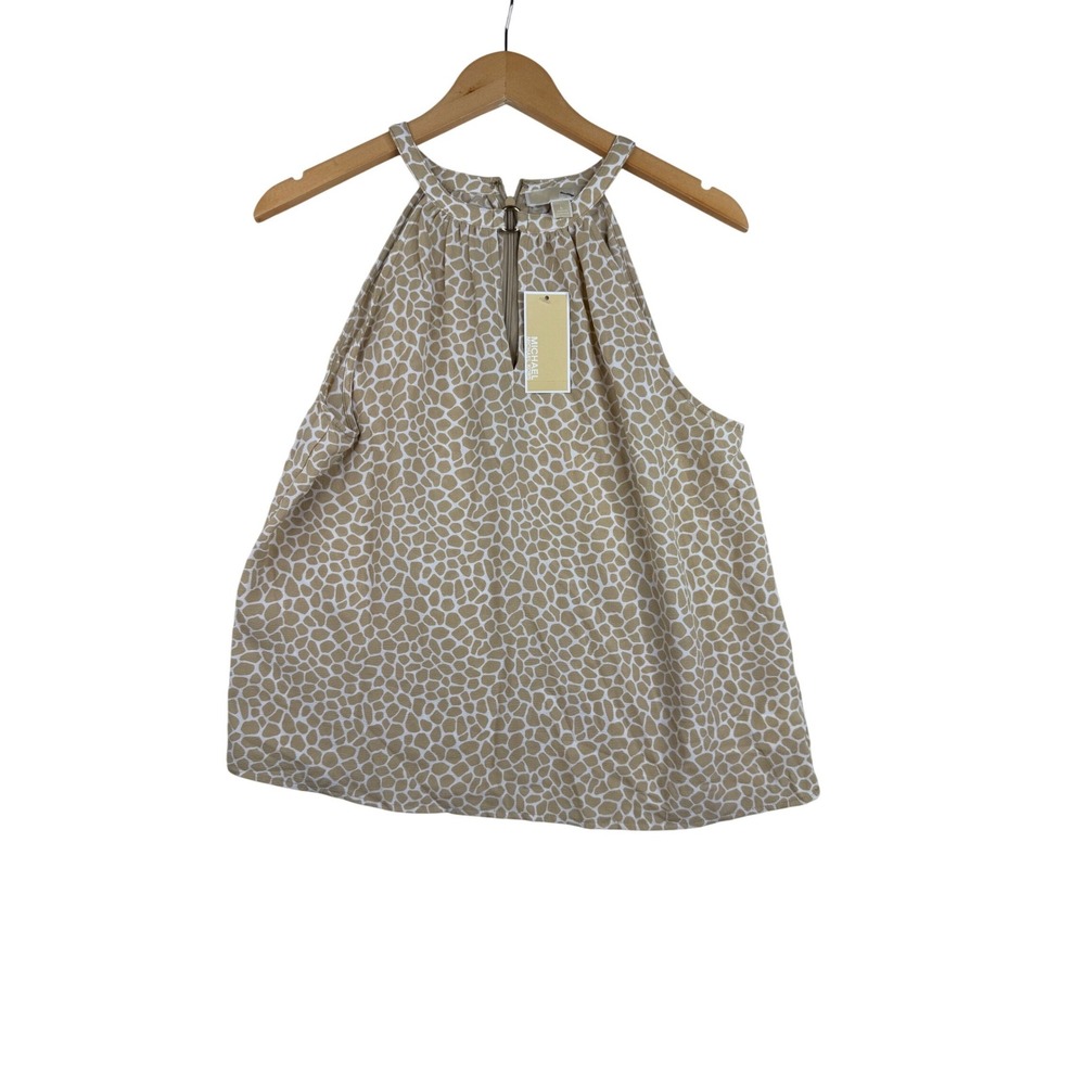 New Michael Kors Giraffe Print Zip Back Halter Top size Large Cream/White